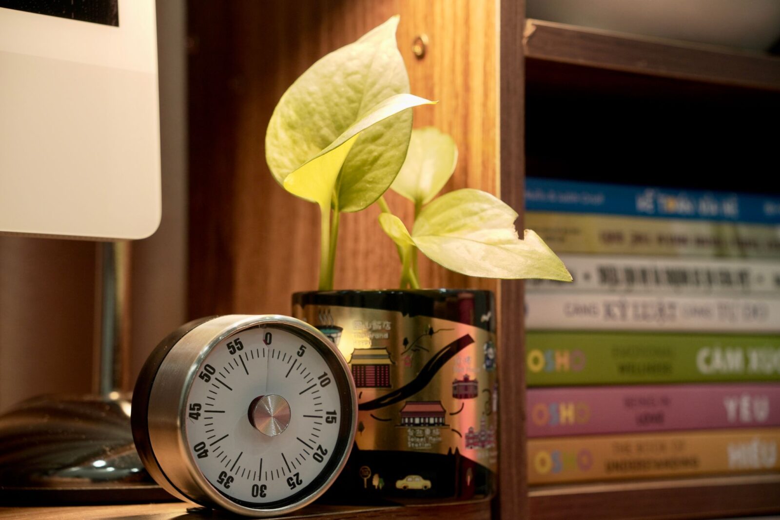 Timer mecânico de cozinha na mesa de estudo, ao lado de uma planta e de livros